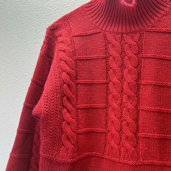 CARROLL REED Sweater 100% Wool Button Turtleneck Grandma Red Cable Knit Outdoors - Picture 2 of 6